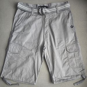 SIZE 34 Akademiks Men's Belted 12" Inseam Light Gray Twill Cargo Shorts